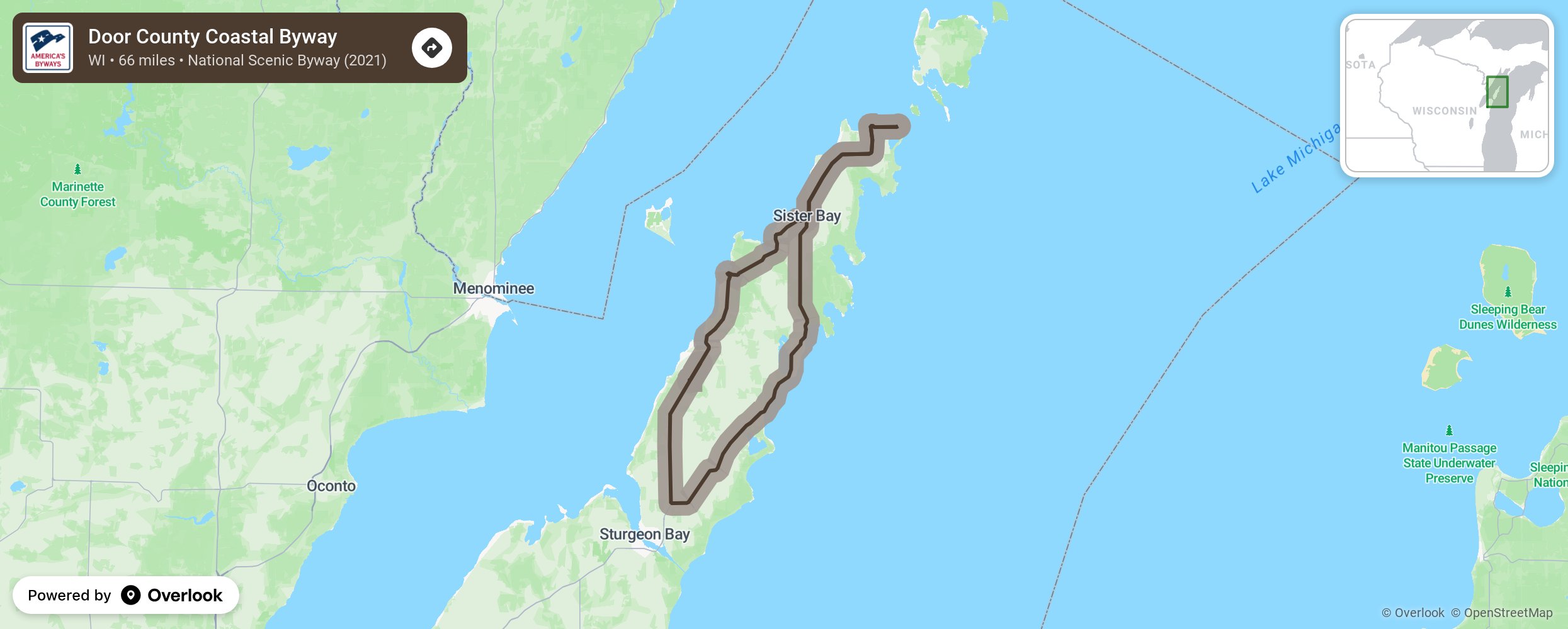 Map of Door County Coastal Byway - scenic route