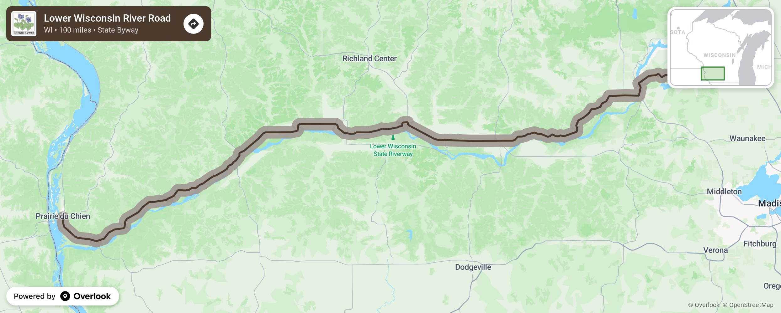 Map of Lower Wisconsin River Road - scenic route