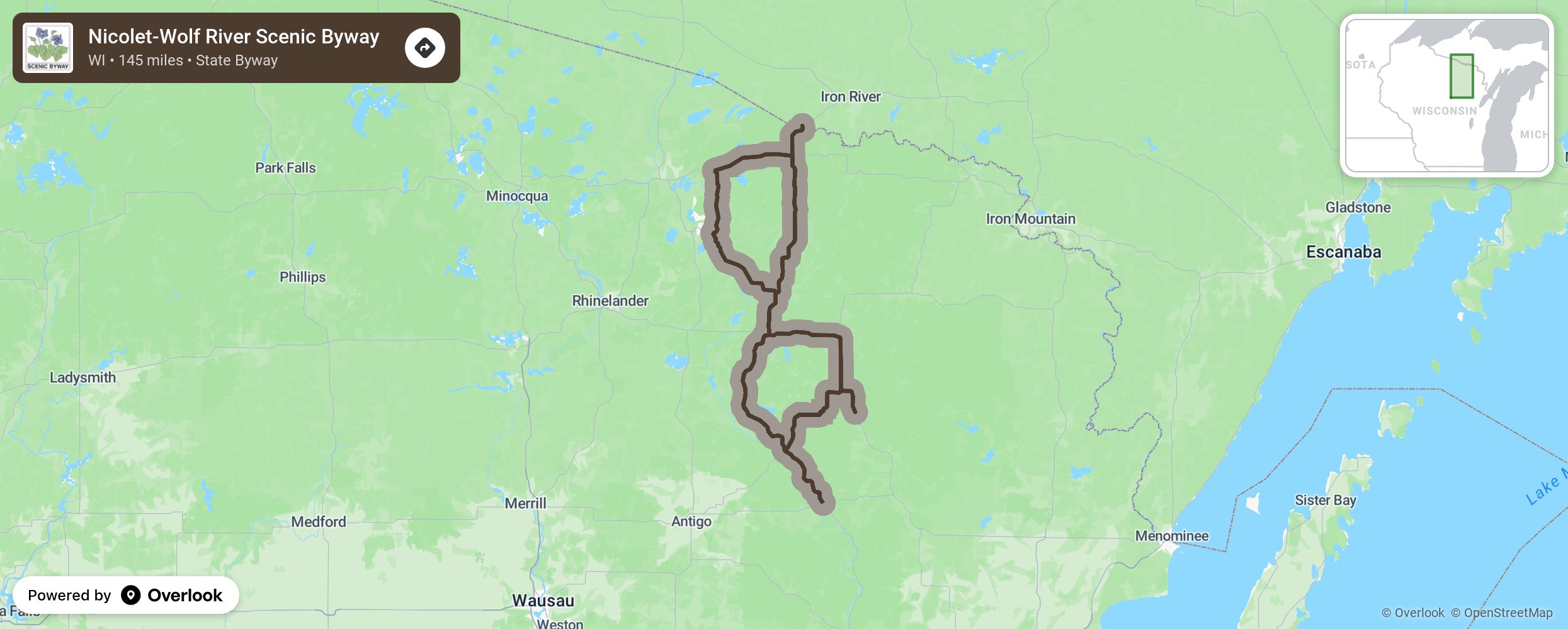 Map of Nicolet-Wolf River Scenic Byway - scenic route