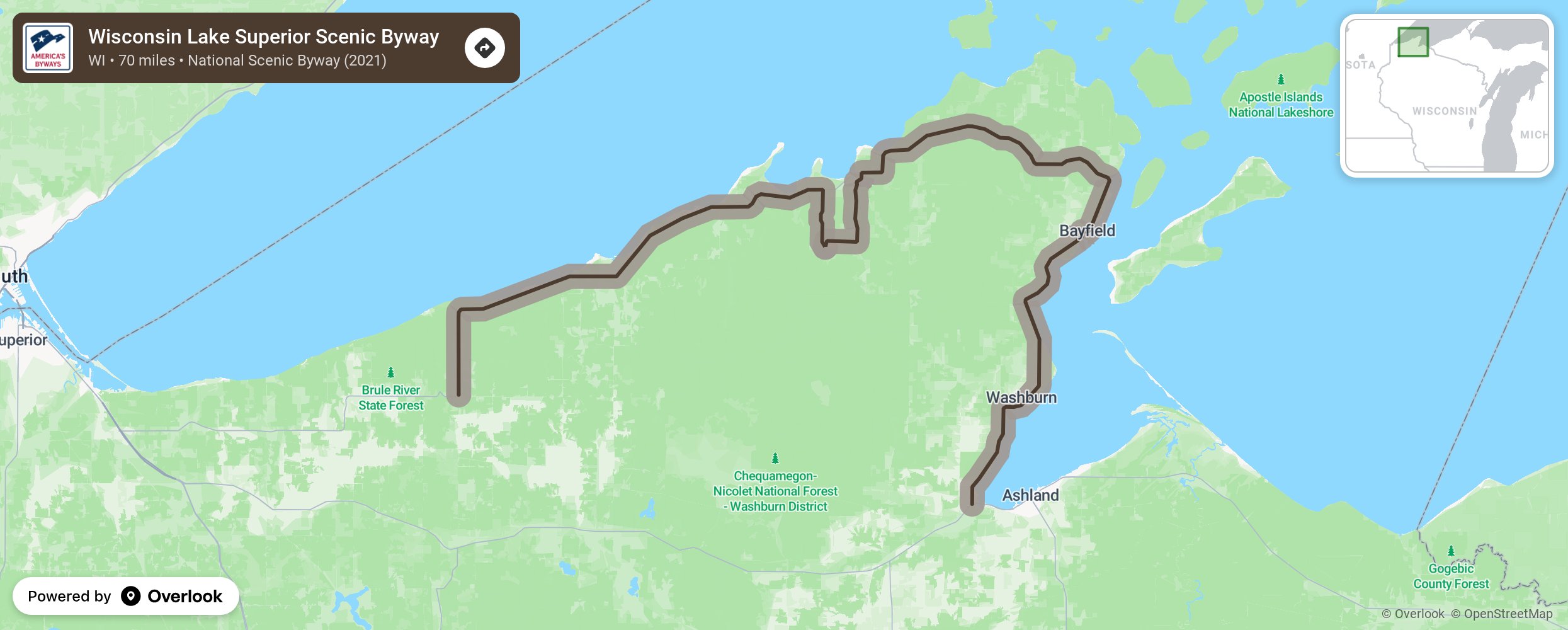 Map of Wisconsin Lake Superior Scenic Byway - scenic route