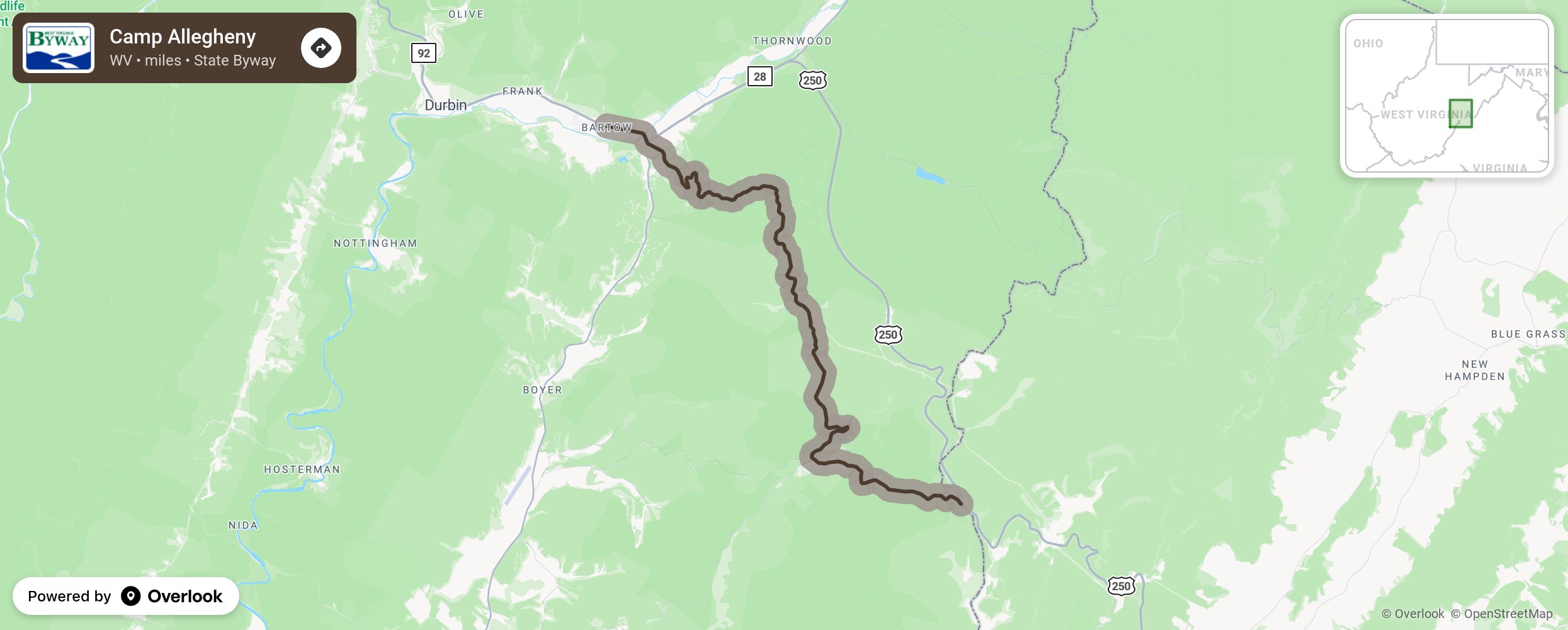 Map of Camp Allegheny - scenic route