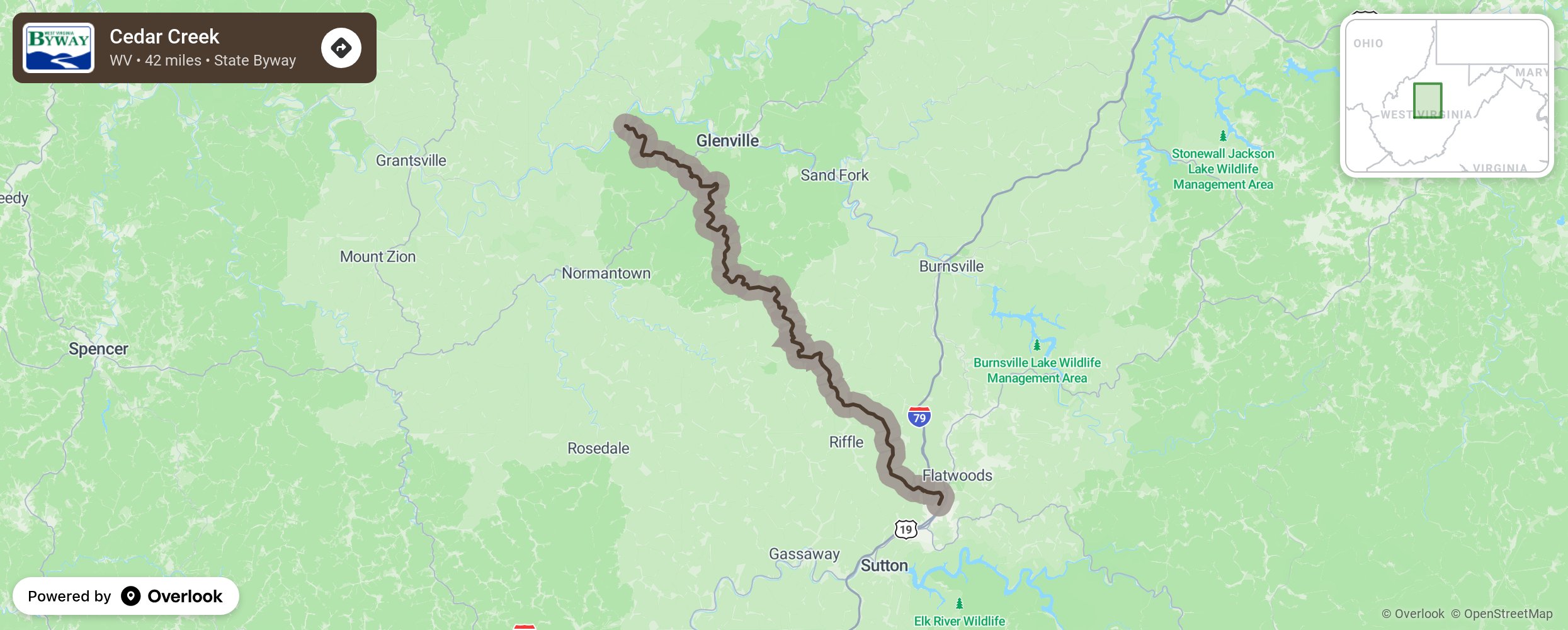 Map of Cedar Creek - scenic route