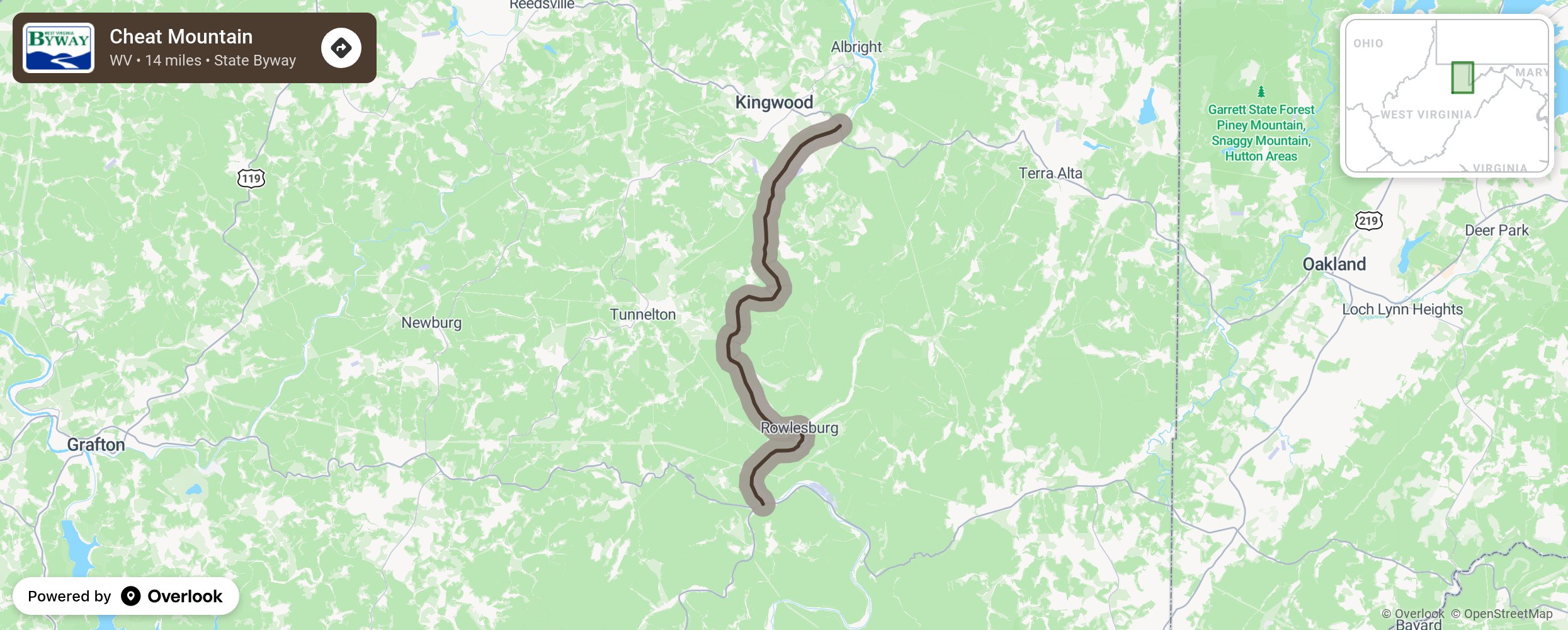 Map of Cheat Mountain - scenic route