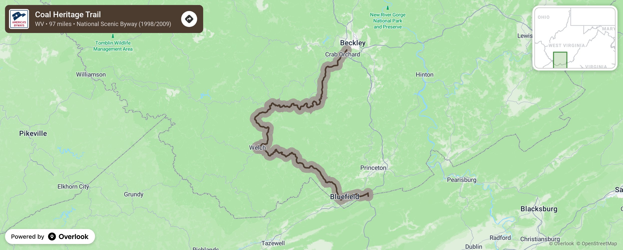 Map of Coal Heritage Trail - scenic route