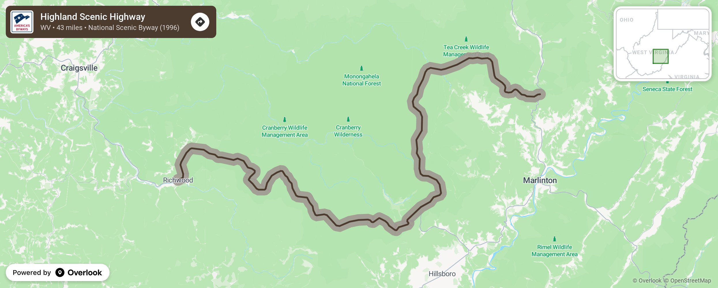 Map of Highland Scenic Highway - scenic route