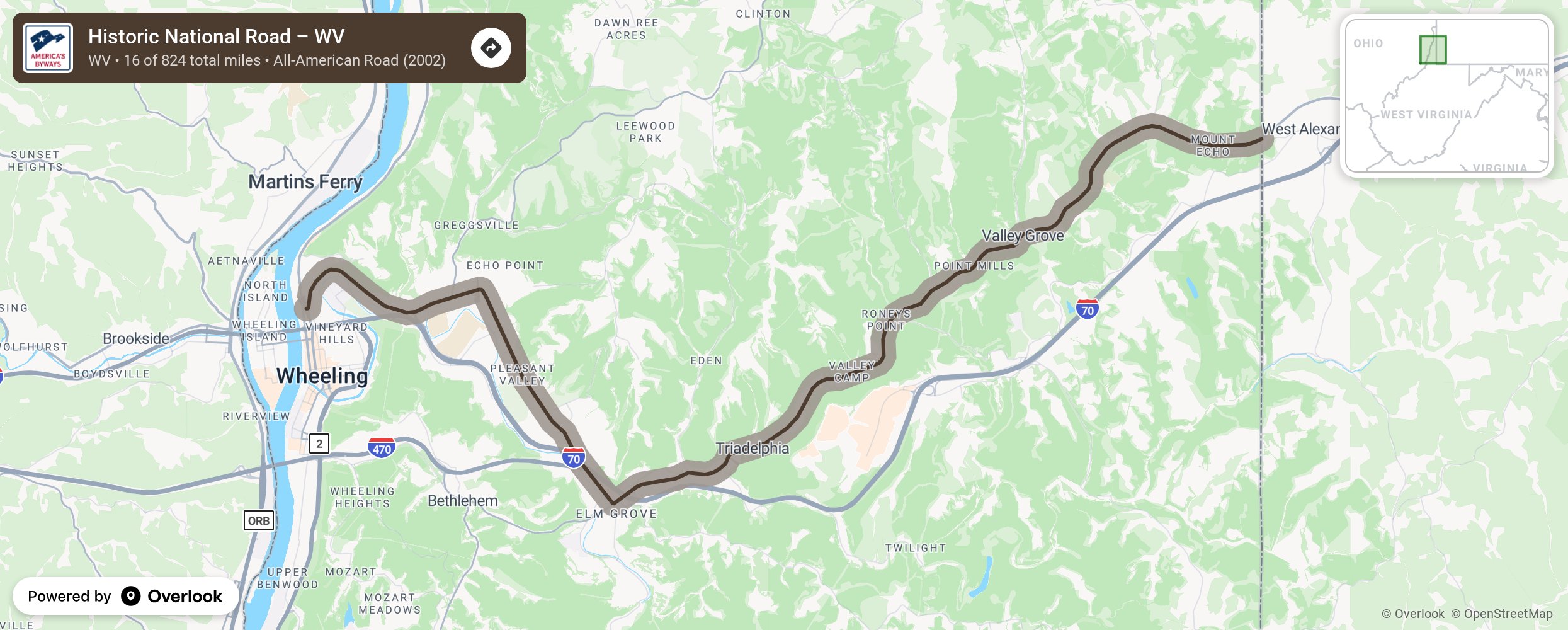 Map of Historic National Road – WV - scenic route