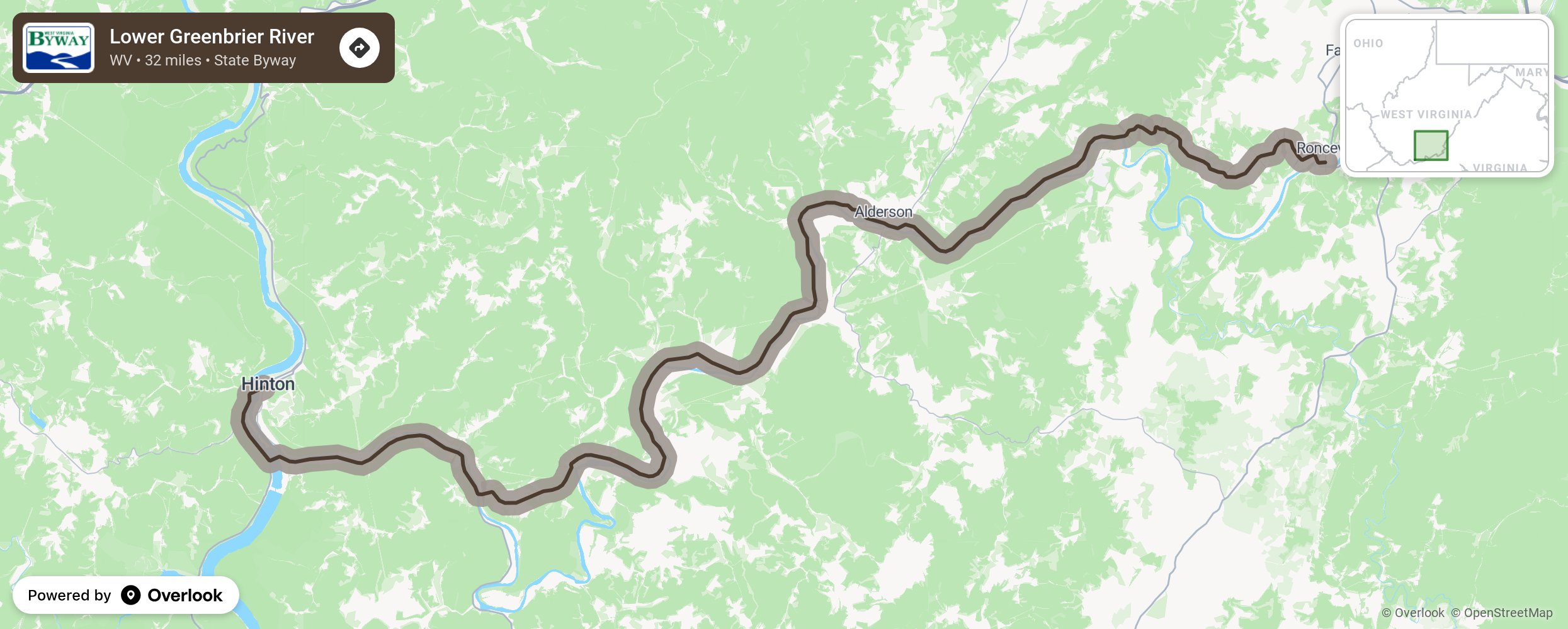 Map of Lower Greenbrier River - scenic route