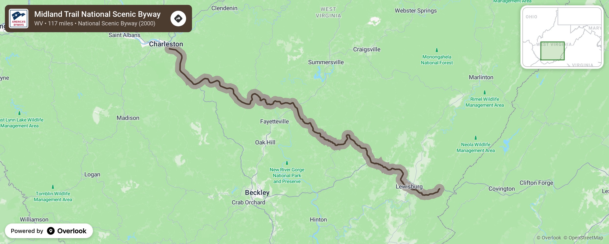 Map of Midland Trail National Scenic Byway - scenic route