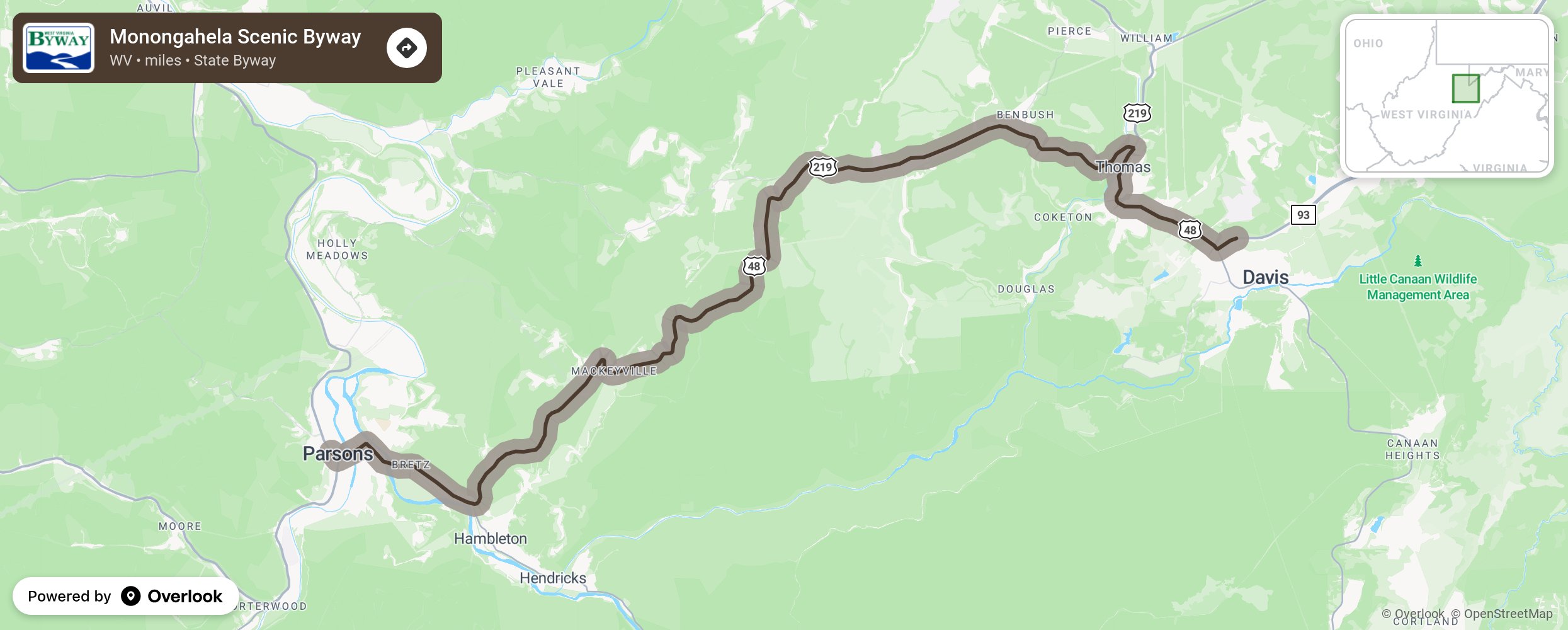 Map of Monongahela Scenic Byway - scenic route