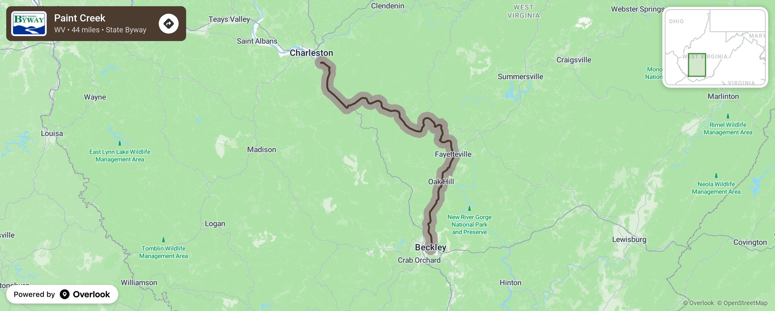 Map of Paint Creek - scenic route