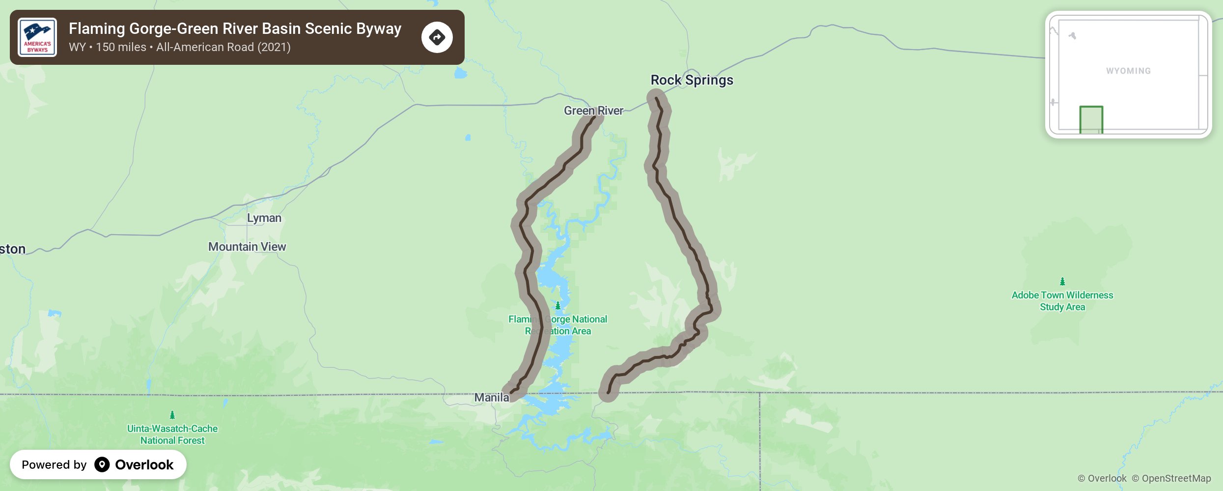 Map of Flaming Gorge-Green River Basin Scenic Byway - scenic route