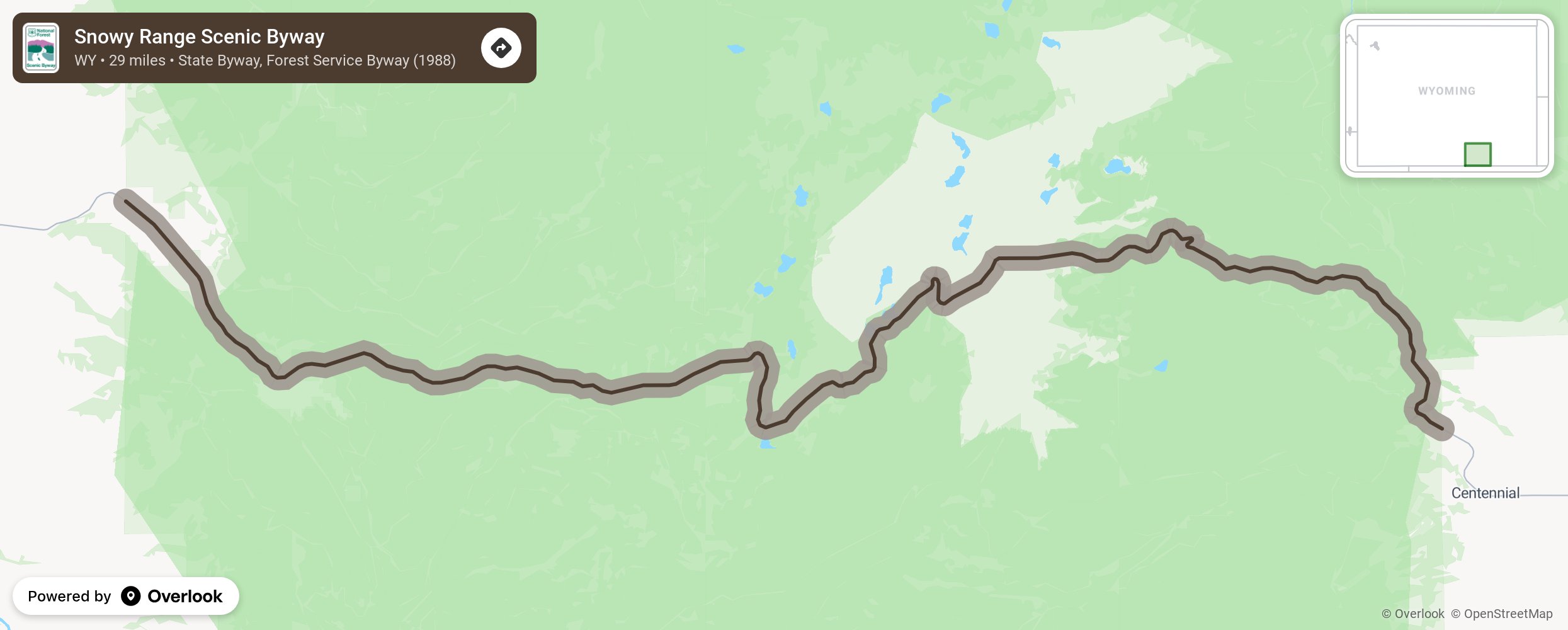 Map of Snowy Range Scenic Byway - scenic route