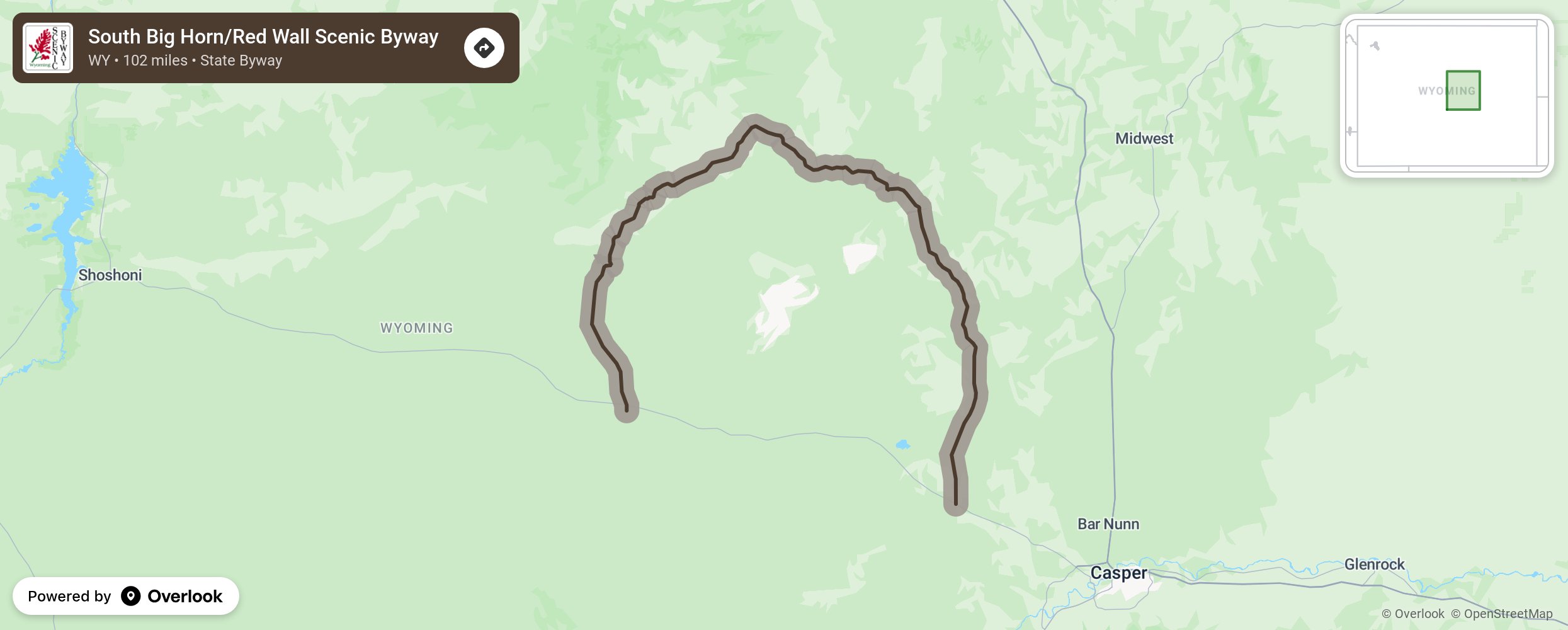 Map of South Big Horn/Red Wall Scenic Byway - scenic route