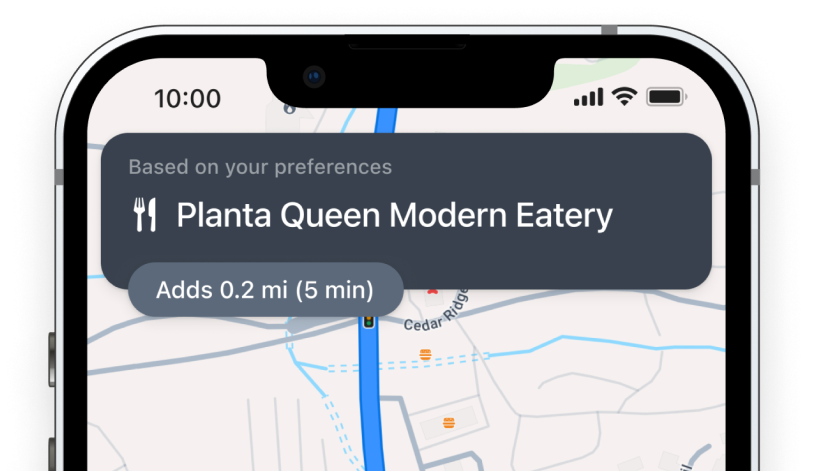 A navigation app that displays a recommended restaurant along the current route, based on user preferences.