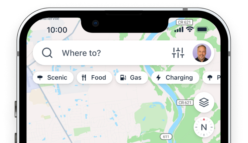 A GPS navigation interace displaying route preferences for scenic routes, food, gas, and EV charging.